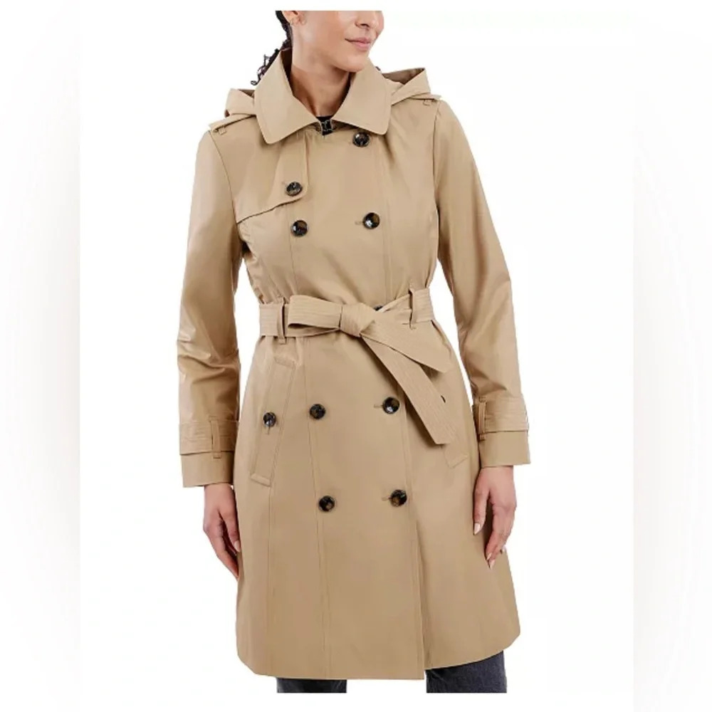 London Fog Tan Knee Length Double Breasted Trench Coat Tailored Hood  Sz XL